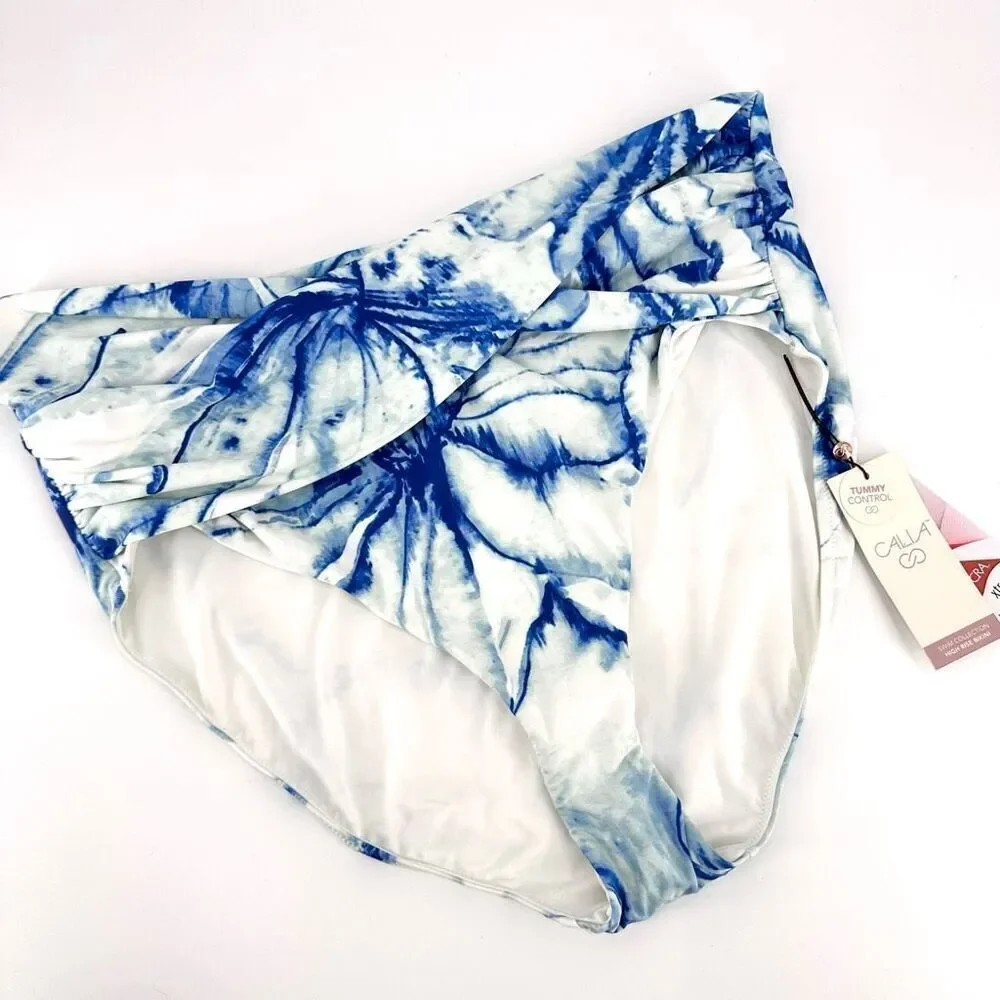 NWT CALIA XL High Waisted Twist Front Swim‎ Bottoms Tummy Control Blue White